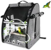 [Homodoskey] Bird Carrier Backpack - Pet Travel Cage with Upgraded Tray and Standing Perches, Breathable & Portable, for Small Birds, Green Cheek, Cockatiel, Parrot(Grey)