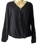 Mossimo Supply Blouse Solid Black Lace Up Rivets Neck Long Sleeve S NEW