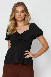 Black Peplum Top Short Sleeve - Size XS, Women's Peplum