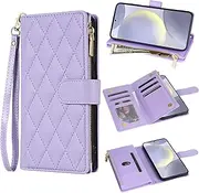 [Asuwish] Mobile Phone Case for Samsung Galaxy S24 Plus S24+ 5G Case with Strap Card Slot Foldable Leather Wallet Stand S24plus 24S S 24 + 24+ Zip Wallet Mobile Phone Cases Protective Phone Case Purple