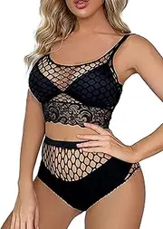 [SEXYTINE] Women's Fishnet Lingerie Set Lace Sheer Mesh Top and Panty