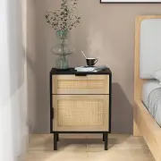 CostwayMid Century Modern Rattan Nightstand Set of 2 with Drawer and Cabinet-Black
