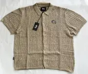Stussy Crochet Shit Mens Extra Cotton Short Sleeve Khaki Button Up New