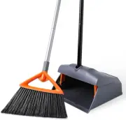 Stiff Bristle Angle Broom with Long Handle & Collapsible Dustpan - Grey
