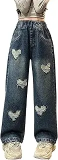 [Generic] Girls Toddler Clothes 2t Spring Summer and Autumn Styles for Middle and Large Children Retro Ripped Love Wide Leg Pants Trendy Loose Casual Trousers Jacket Pants Girls