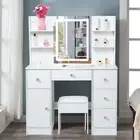 Dressing Table LED Lights Mirror And Stool Vanity Table Makeup Desk with Drawers