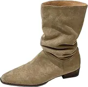 [JEUROT] Mid Calf Boots for Women Pointed Toe Casual Low Block Heel Boot Slouchy Suede Slip On Boot Shoes Wide Calf Comfy Boots