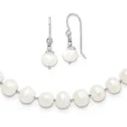Solid Sterl Silver White Cultured Pearl Necklace Dangle Earrings Set 18"