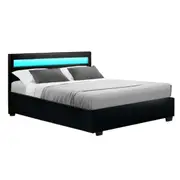 LED Bed Frame PU Leather Gas Lift Storage - Black Double