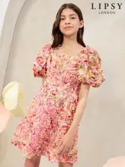Lipsy Pink Premium Textured 3D Floral Short Sleeve Skater Mini Dress (5-16yrs) (AN6921) | $185 - $203