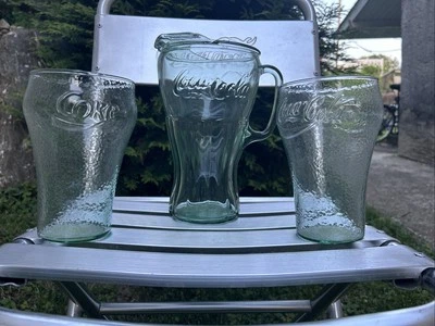 Harder To Find 1970's COCA-COLA Lg Glass Drinking Set W/2 Lg Glasses &Lg Picture
