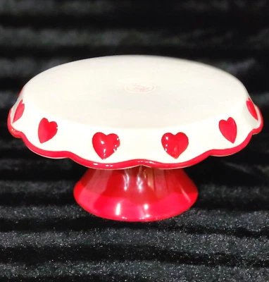 Red Hearts on White Valentine's Day Ceramic Cake Stand Hand Painted 4.25x10 Fun