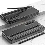 for Galaxy Z Fold4 Case, Samsung Fold 4 Case with Hinge Protection + Screen Protector, Leather Mobile Phone Case for Samsung Galaxy Z Fold4 with S Pen Holder - Black