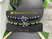 2 PC Handmade Beaded Boho Adjustable Tie Charm Bracelet Set Turtle B3996