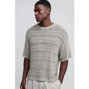 Mens Grey Oversized Boxy Crochet Look Tape Yarn Knitted T-Shirt
