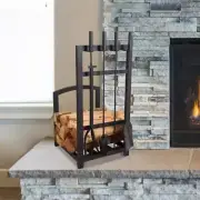 Lavish Home Fireplace Tool Set+Log Rack Durable Wrought Iron Matte Black (5-Pcs)