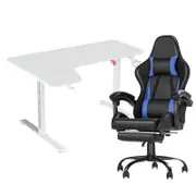 Advwin 140cm White Gaming Desk RGB LED Light & Gaming Chair with Footrest Blue