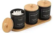 3 Pack Qtip Holder - Bathroom Organizers and Storage, Cotton Round Pad Dispenser Floss Pick Holder with Tray, Glass Apothecary Jars with Lids, Cotton Ball Container - Black