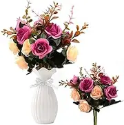 3 Bundles Artificial Flowers Rose Artificial Flowers Outdoor UV Resistant Plants Faux Plastic Greenery Indoor Outside Hanging Planter for Home Wedding Office Table Decoration Gift (Burgundy)