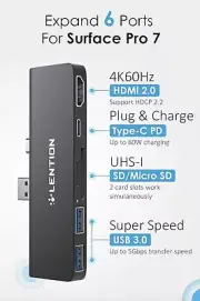 TWO Lention 6-in-1 USB-C Dock/hub Microsoft Surface Pro 7 HDMI USB 3.0 SD CS34