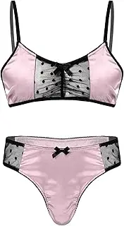 [Loodgao] Men's Sissy Stain Crossdress Lingerie Set Lace Trim Cami Bra Tops with Panties Thongs Pajamas