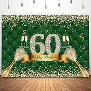 Sensfun 7x5ft Happy 60th Birthday Backdrop Green Gold Sparkle Diamond Champagne Photography Background Women 60th Birthday Party Decorations Banner Fabulous Sixty Bday Photo Booth Supplies