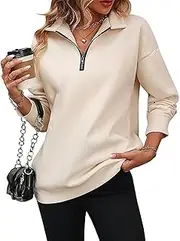 [OULIWANGLUO] Women's Long Sleeves Zip-Up Dropped Shoulder Sweatshirt Quarter-Zip Pullover Shirts Casual Loose Lapel Solid Color Tops