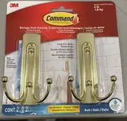 Command Bath Large Satin Brass Double Hooks, 2pk New