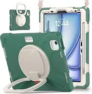 Tablet Case Cover Case Compatible with iPad Air 11inch (M3 2025 7th/M2 2024 6th),Heavy Duty TPU Shockproof Kids Case,360 Degree Rotating Multi-Function Grip Bracket+Shoulder Strap Rugged Cover(Dark Gr