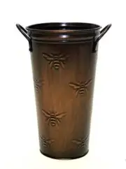 French Flower Bucket, Copperized Tin, Bumble Bee Pattern-10" H X 5.5" D