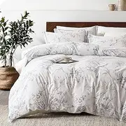 [ALEISSEL] 100% Natural Cotton 3pcs Floral Duvet Cover Sets-White Duvet Cover with Gray Luxurious Flowers & Branches Pattern,Botanical Comforter Cover Sets with Button Closure(Queen,Botanical