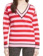 Diane Von Furstenberg Pink Red Black Striped V-Neck Knit Pullover Sweater Top M