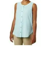 Columbia Sleeveless Button Down Top Tank Women's L Blue 100% Cotton light weight