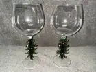 Set Of 2 Beautiful Hand Blown Glass Christmas Tree Stemmed Wine Glasses 9” Tall