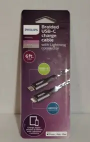 Philips 6ft Braided USB-C Charge Cable Lightning Connector Apple iPhone iPad D60