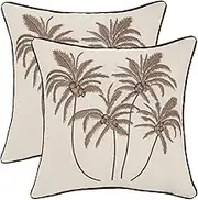 Tosleo Embroidered Throw Pillow Covers 18x18 Pack of 2 Brown Coconut Palm Pillow Cushion Cases Farmhouse Decor Square Pillowcases for Summer Sofa Couch Bedroom Living Room