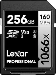 Lexar 256GB Professional 1066x SD Card, UHS-I, C10, U3, V30, Full HD, 4K, Up to 160MB/s Read SDXC Memory Card, for DSLR & Mirrorless Cameras (LSD1066256G-BNNNU)