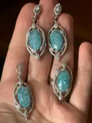 Sterling Silver Set w/ Frosted Blue Zircon - Earrings, Pendant, Ring Size 7