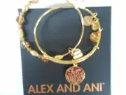 Alex and Ani Feliz Navidad Set of 2 Bangle Bracelets Shiny Gold Tag Box Card