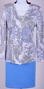 ST.JOHN Womens White Blue Purple Black Sequins Shimmer Jacket Top & Skirt Sz 12