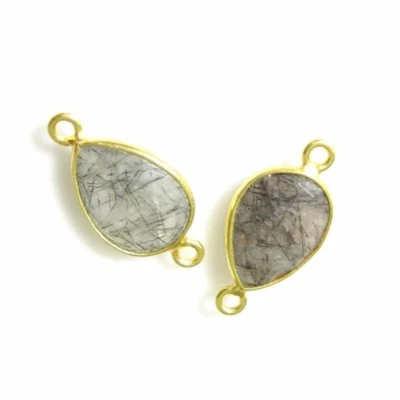 Gemstone Connector-10x14mm Faceted Teardrop-Black Rutilated Quartz ( Per 2 Pcs)