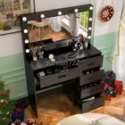 Dressing Table 5-Drawers Black Vanity Desk Set With 11 LED Bulbs Lighted Mirror
