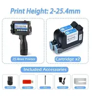 Portable 12.7mm Handheld Inkjet Printer QR Barcode Batch Number Logo Expiry Date Label Printer Gun 25 Languages Non-encrypted 2 Cartridges-25.4mm