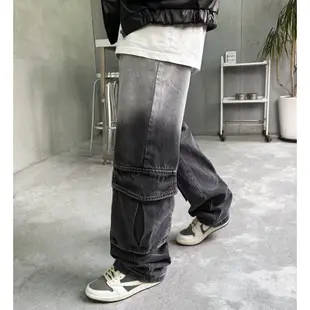韓國 韓系 工裝 漸層 牛仔 牛仔褲 寬褲 鬆緊  口袋 落地 重磅 潮男 好穿 帥爛