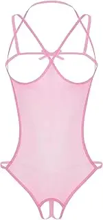 [GRRKDFQ] Women's Erotic Costumes Mesh Crotchless Open Cup Exposed Nipples See-Through Catsuit