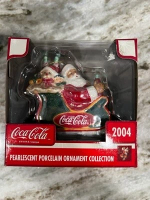Coca Cola Pearlescent Porcelain Ornament Collection 2004 Santa In His Sleigh NEW