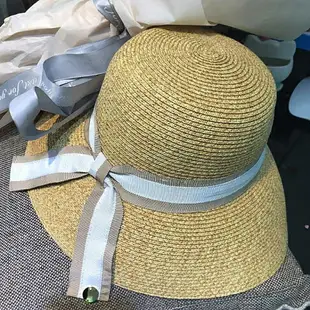 大沿雙色帽帶可折疊草帽女夏天出游海邊度假沙灘遮陽防曬盆帽百搭1入