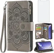 Asuwish Compatible with iPhone 11 6.1 Wallet Case and Tempered Glass Screen Protector Flower Leather Flip Card Holder TPU Cell Phone Cover for iphone11case iPhone11 i Phone11 11s XI 11R Women Men Grey