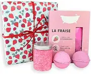 BATH BOX Strawberry Scented Gift Set, Bubble Bath Bombs, Bath Salts, Bath Dust Soak, Natural & Handmade in Australia, Pink Raspberry Jam Fizz, Bath Fun for Kids & Adults, 4 Piece Hamper Gift Box
