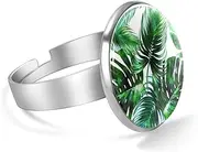 [FVQL] Stainless Steel Ring for Girls, Tropical Palm Leaf Green Summer